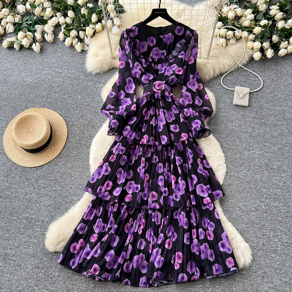 French romantic lantern sleeve printed dress - korean style, cinched waist, flowy maxi dress, high-end vacation vibe