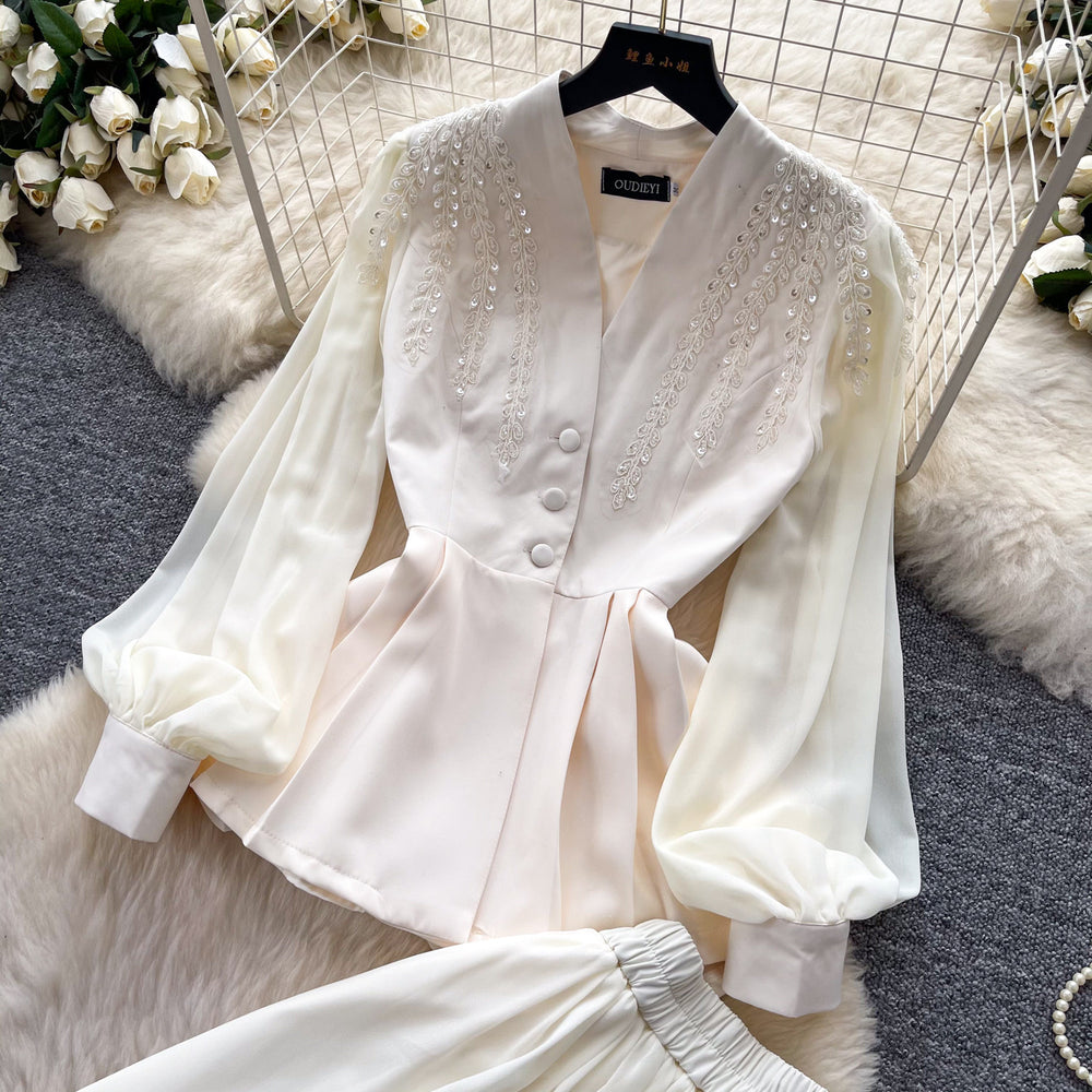 French chic v-neck embroidered jacket & high-waisted pleated skirt two-piece set - autumn , effortless luxury & elegant style