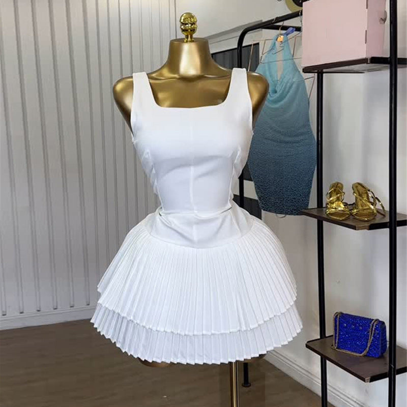 European and american cross-border women's fashion:  summer new collection - square neck sleeveless top & high-waisted pleated skirt casual set