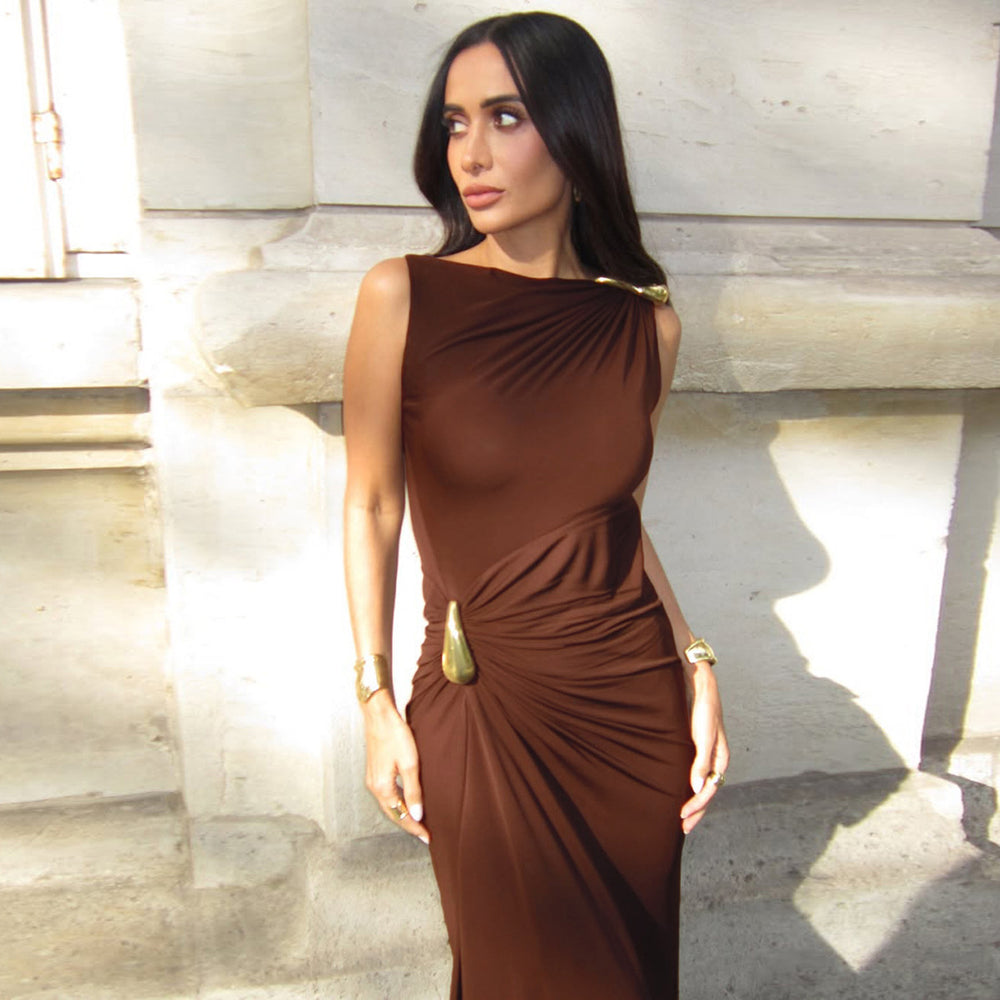new european and american cross-border women's fashion sexy slim-fit metallic embellished bodycon pleated sleeveless dress