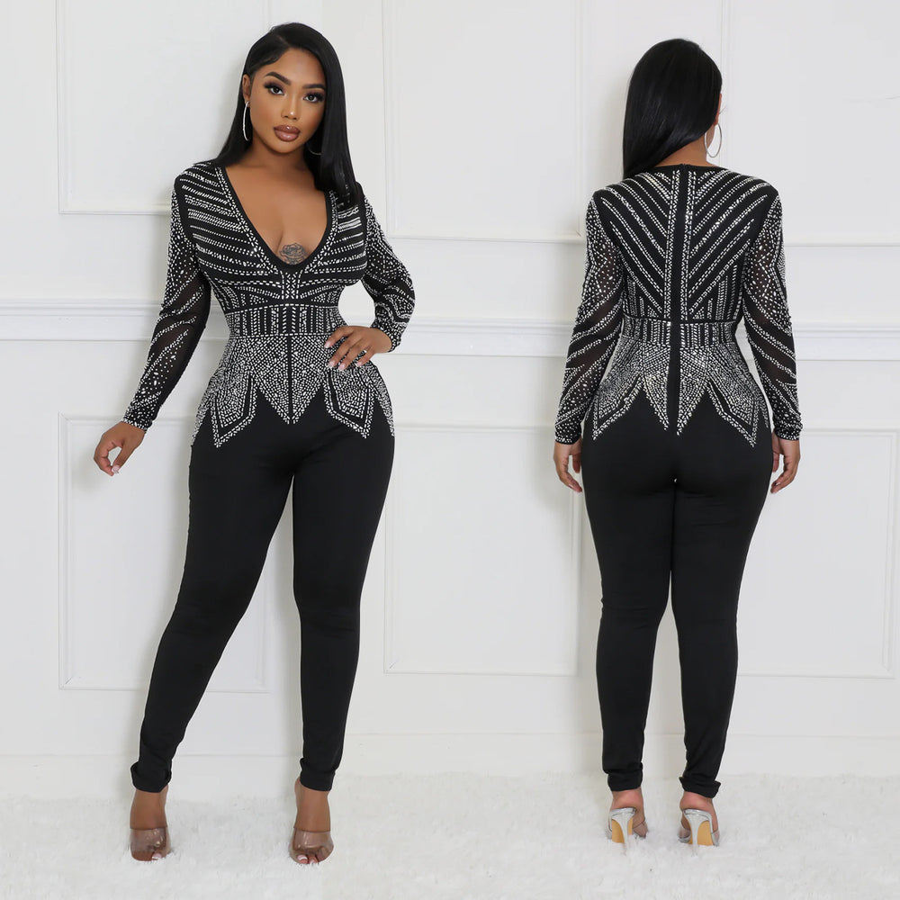 C6875 cross-border   fashion women's solid color v-neck rhinestone long sleeve pants jumpsuit