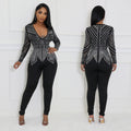 C6875 cross-border   fashion women's solid color v-neck rhinestone long sleeve pants jumpsuit