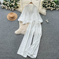 Classy sense of dressing for women autumloosecasuallacepatchwork lantern sleeve v neck shirt high waist wide leg straight-leg pants
