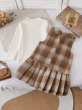 new autumn cross-border girls' preppy style vest plaid pleated skirt round neck top and skirt two-piece set