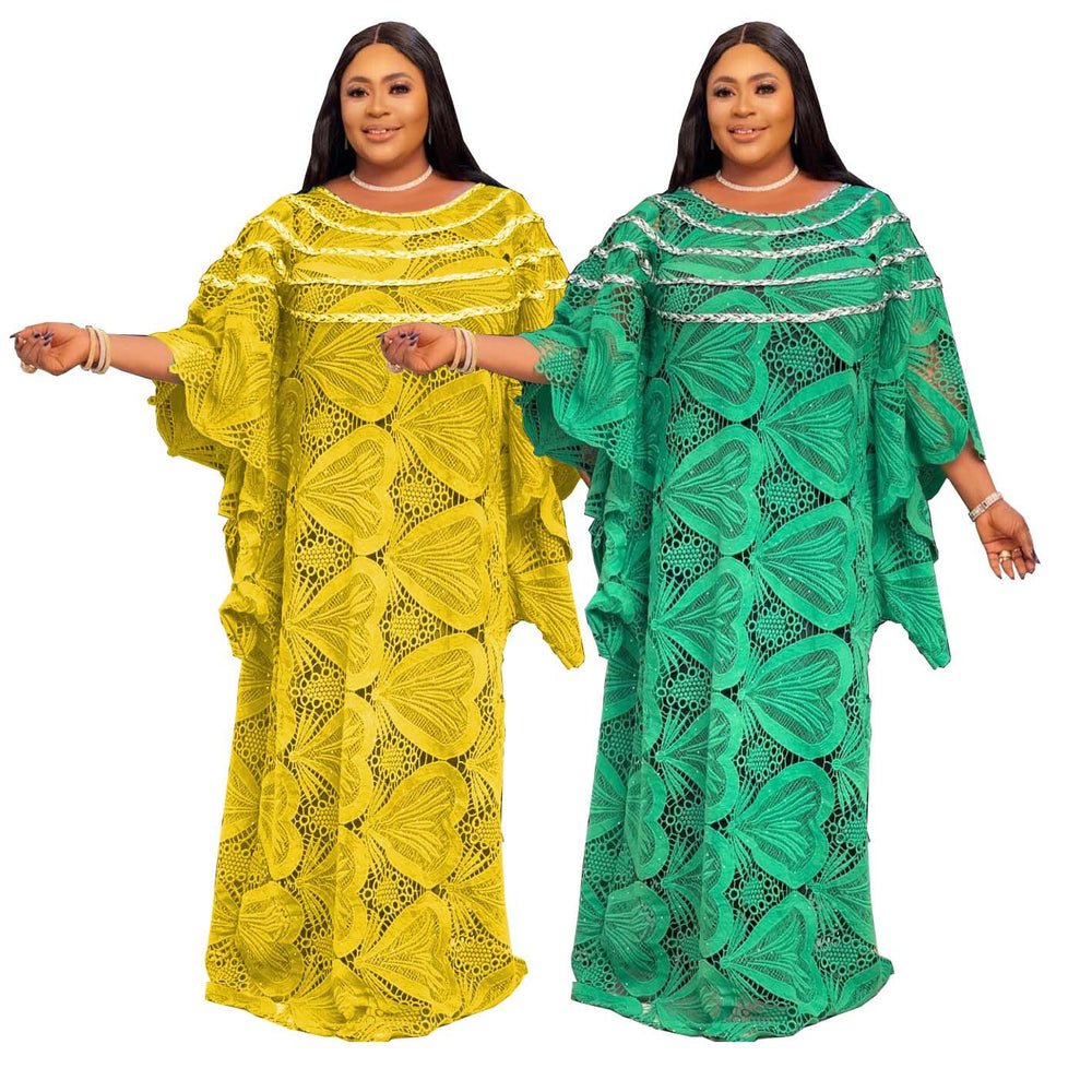 African women's robe cross-border supply loose green long dress subtle embroidery lace elegant commute maxi dress