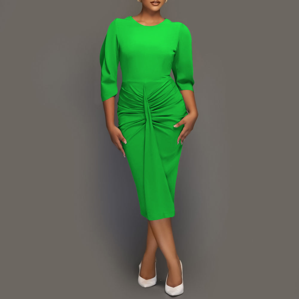 Amazon new arrivalsummer round neck pure color hip-covering pleated ol tongle fashionelegant pencil skirt africandress