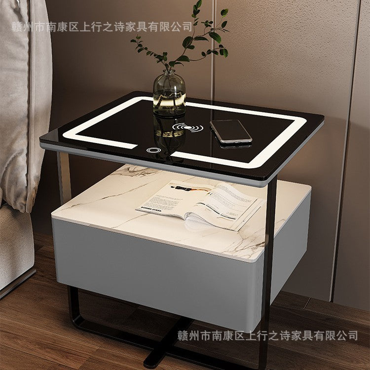 Smart white bedside table - minimalist bedroom nightstand with rock slab texture, tempered glass, solid wood, wireless charging, and storage