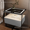 Smart white bedside table - minimalist bedroom nightstand with rock slab texture, tempered glass, solid wood, wireless charging, and storage