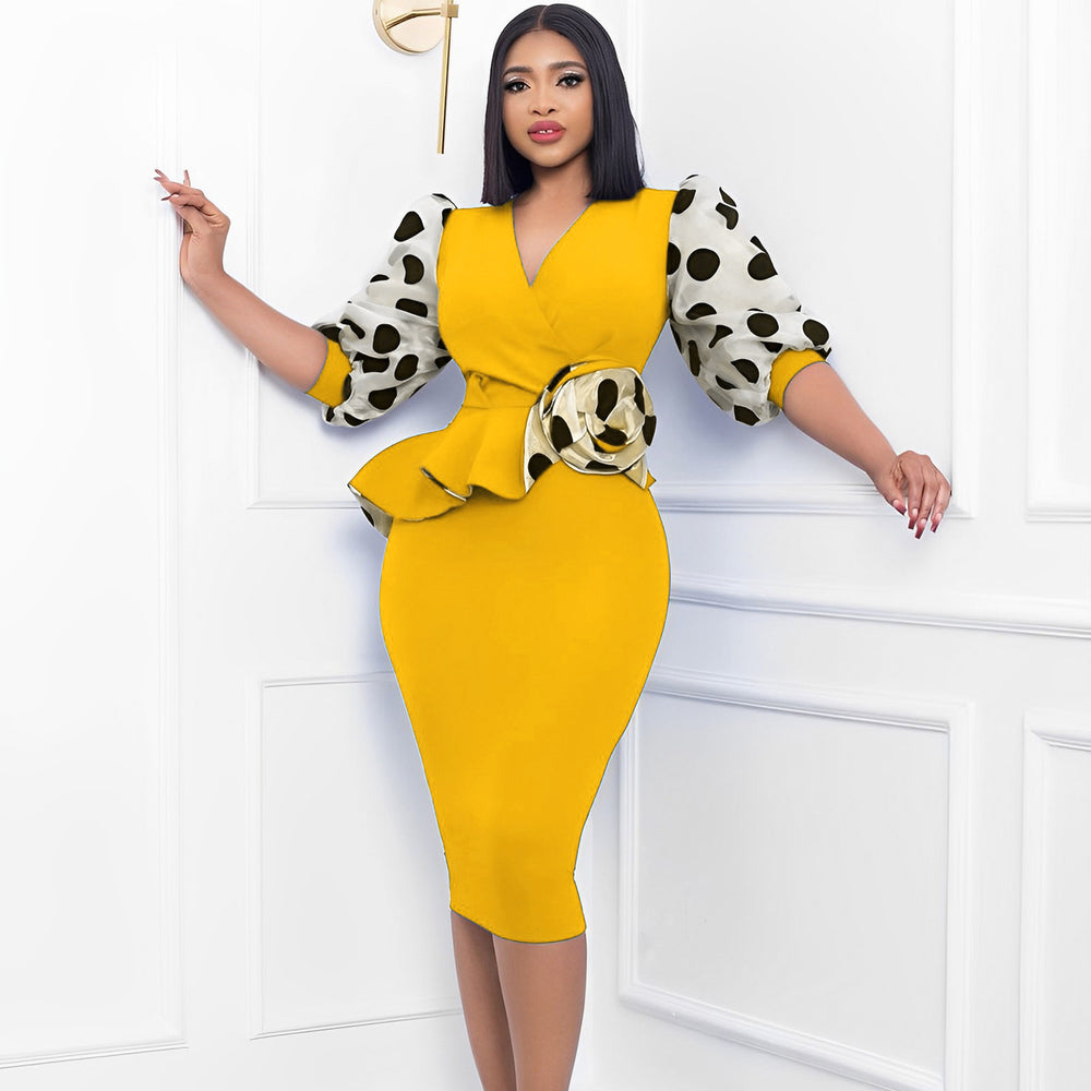 European and american cross-border women's clothing  spring/summer new collection: patchwork ol style mesh puff sleeve pencil skirt foreign trade dress