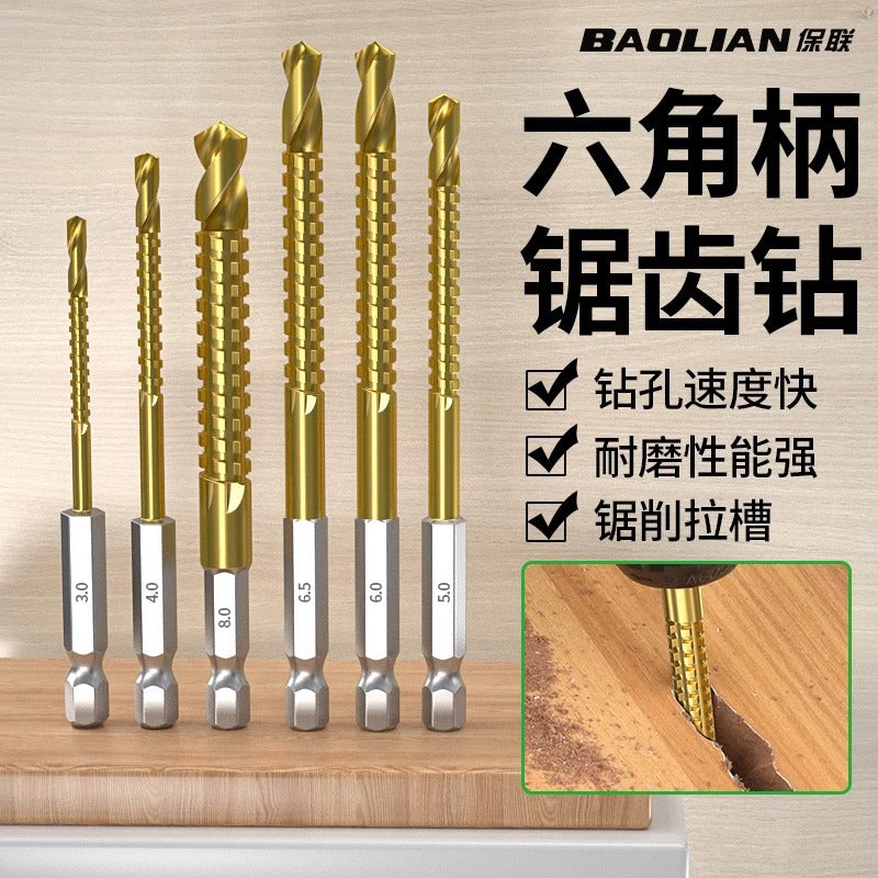 Baolian hexagonal handle sawtooth drill, woodworking special cable stitch drill bit, alloy cutting electric drill drill flower