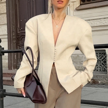 Niche European and American light luxury fashion casual waist V-neck wide high-end long-sleeved blazer women's apricot cardigan