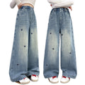 Girls' denim jeans - new spring/autumn collection, rhinestone embellished,  stylish design, straight leg, embroidered detailing, trendy wide leg style for mid-to-large sized children