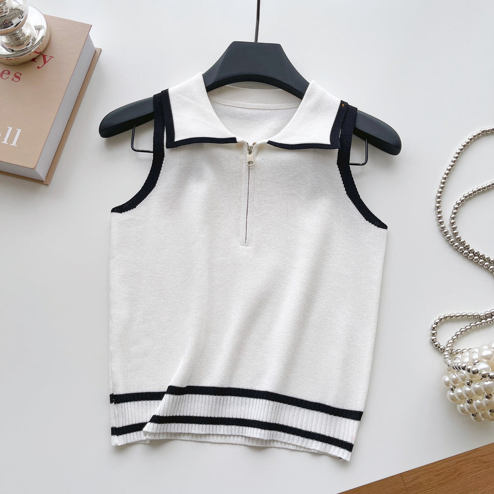 Korean ins summer new arrivalfashioncontrast color lapel knitting shirt vest women's silmslimming lookeasiest for match sleeveless tops