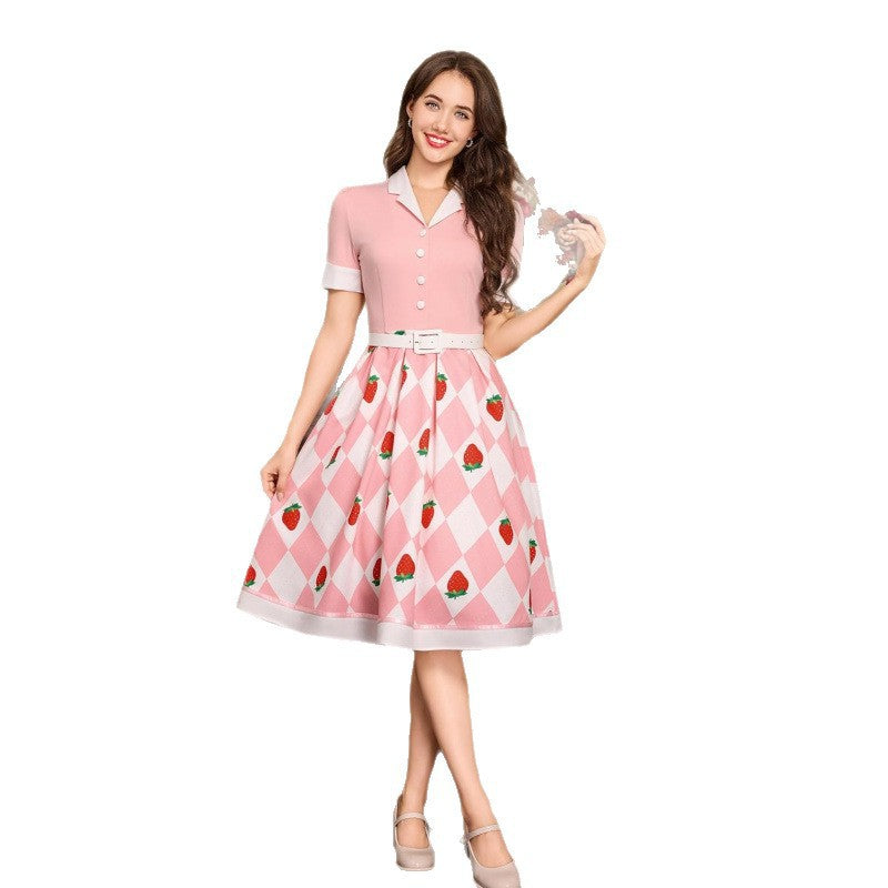 Amazon fashion retro short sleeve printing dress women  summer new arrival silmslimming look skirt
