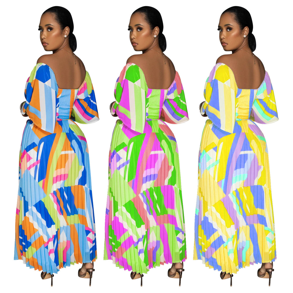 C6879 cross-border   fashion women's sexy printed backless pleated maxi dress