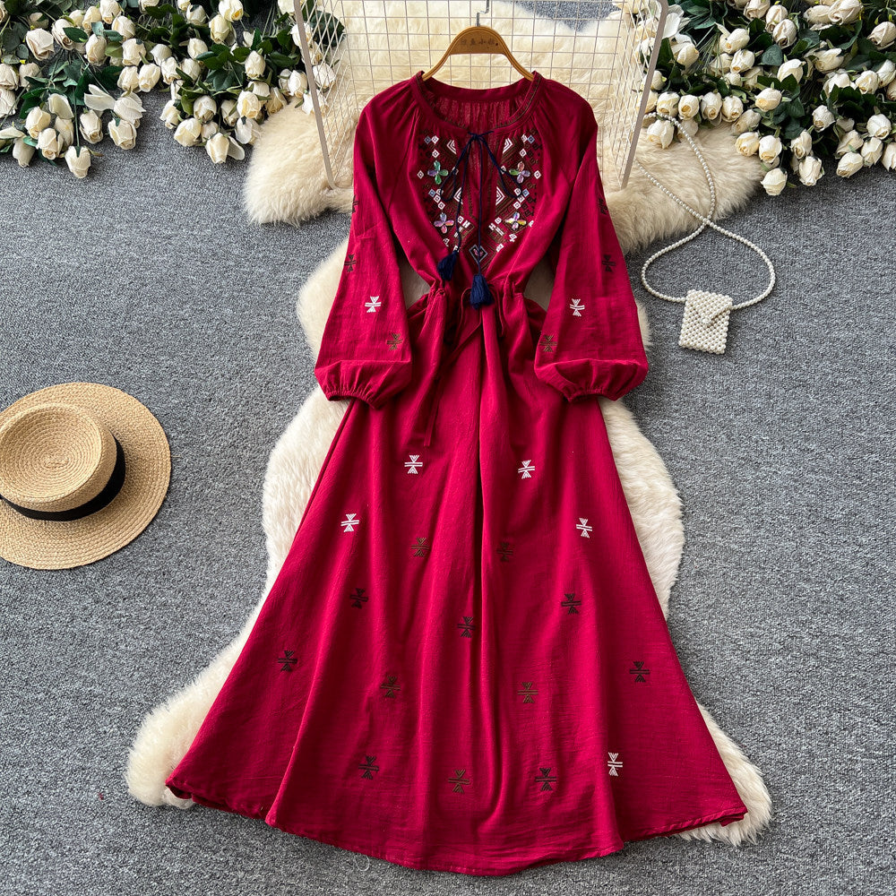 Ethnic style heavy industry embroider red dress women's summerk-stylelong sleeves waist slimming look a-line long skirt holiday style