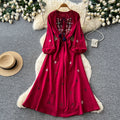 Ethnic style heavy industry embroider red dress women's summerk-stylelong sleeves waist slimming look a-line long skirt holiday style