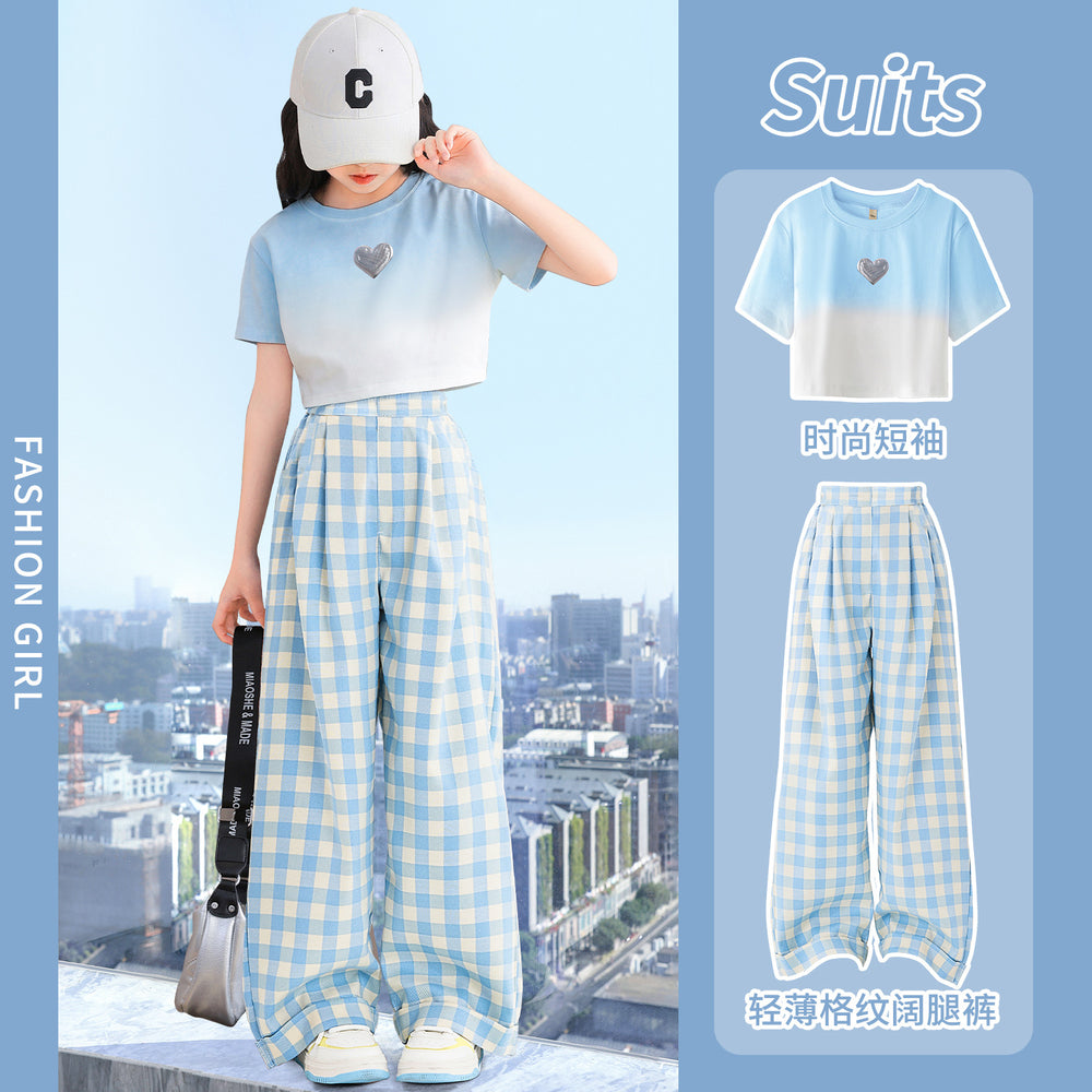 Girls' lightweight summer pants: stylish gradient color  ice silk wide-leg trousers for mid-to-large children's wear
