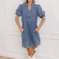 European and american style women's drawstring bubble short sleeve blue denim dress with turn-down collar - washed, non-stretch