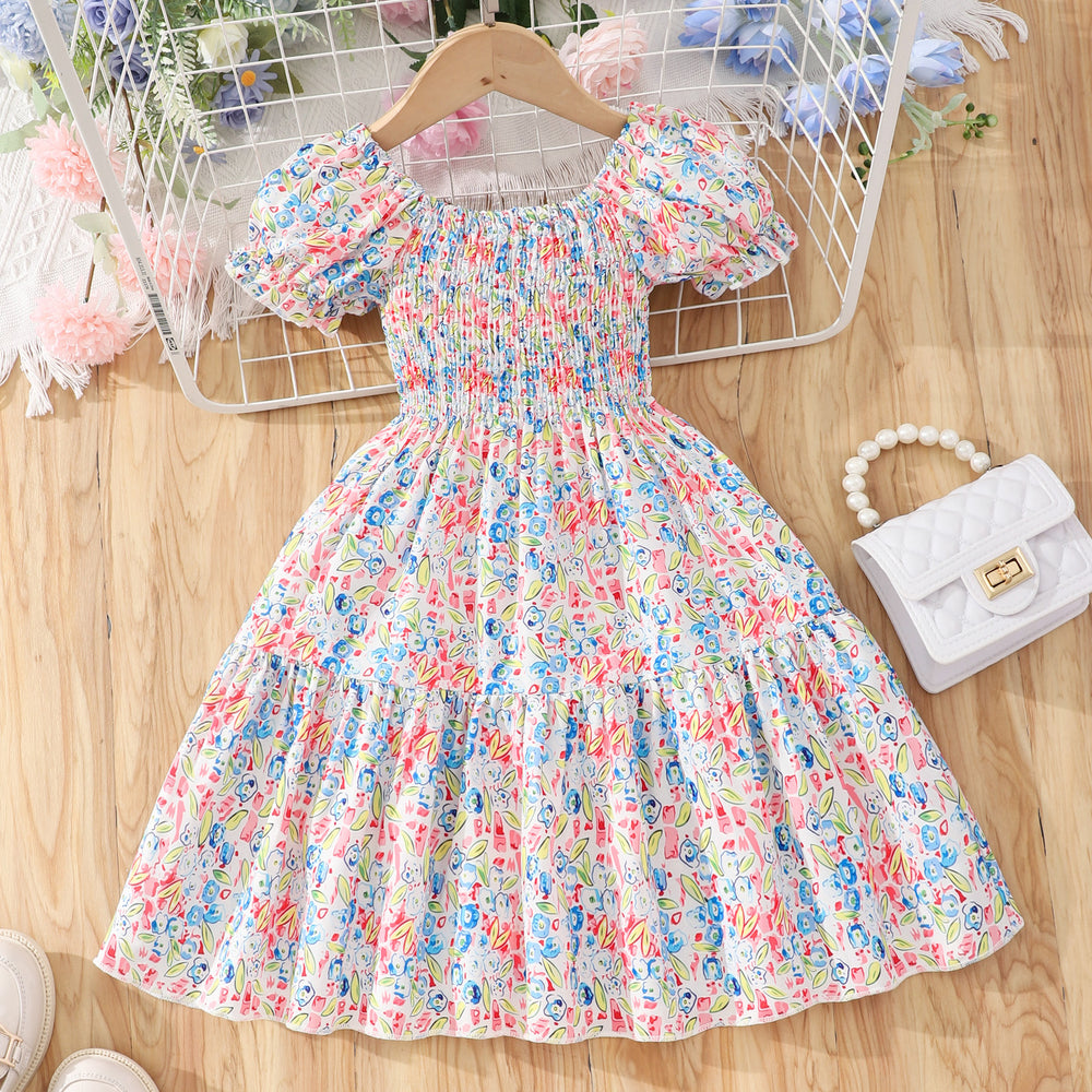 Kids' short-sleeve printed smocked dress - fresh & sweet country style