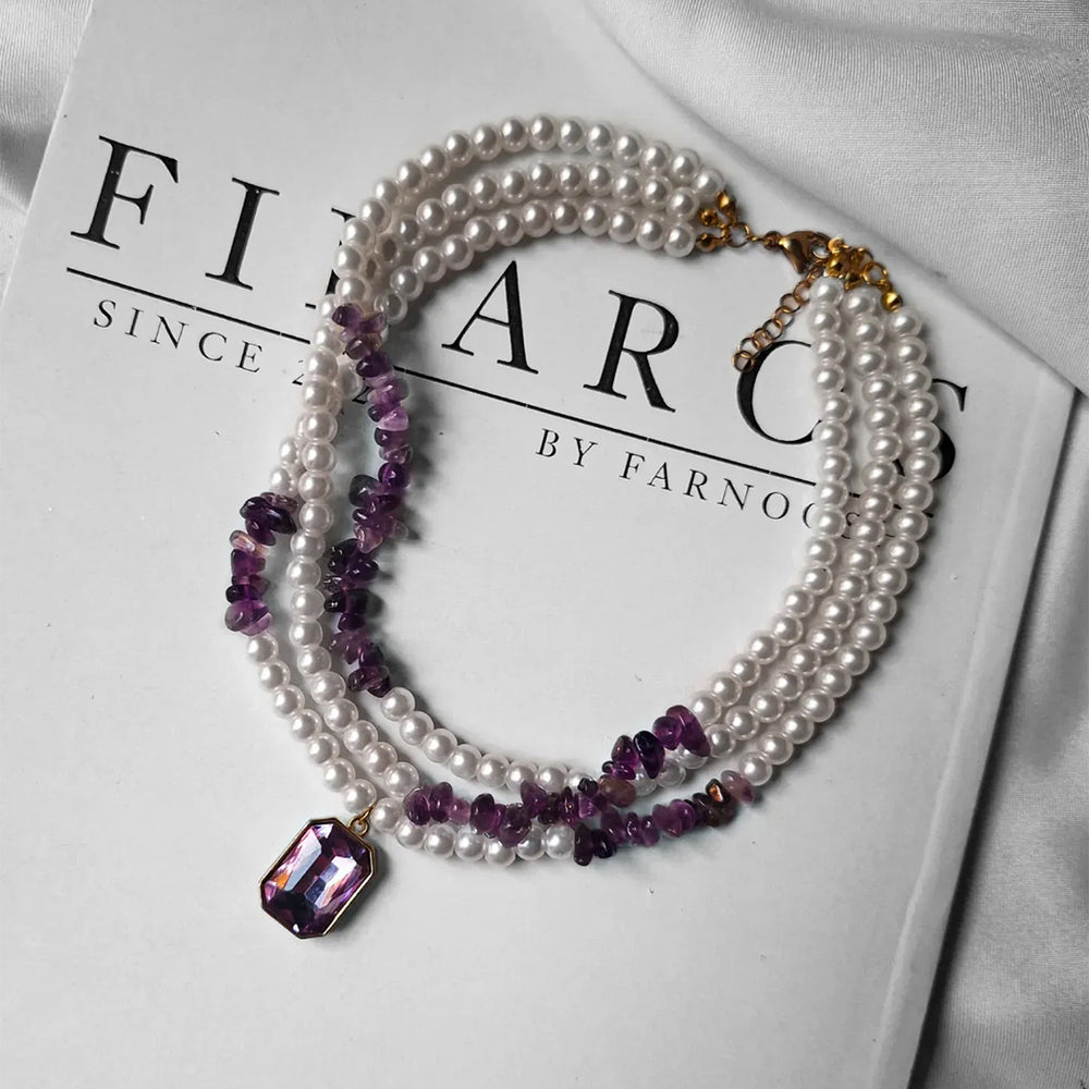 Wholesale purple crystal necklace - european & american style, geometric square pendant, light luxury, high-end faux pearl crushed stone choker