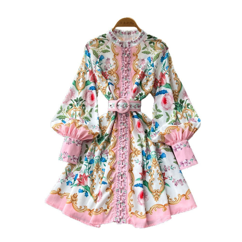 Palace style v neck lantern sleeve printingdress women's spring summerk-style waist slimming look floral a-line skirt work clothing