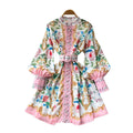 Palace style v neck lantern sleeve printingdress women's spring summerk-style waist slimming look floral a-line skirt work clothing