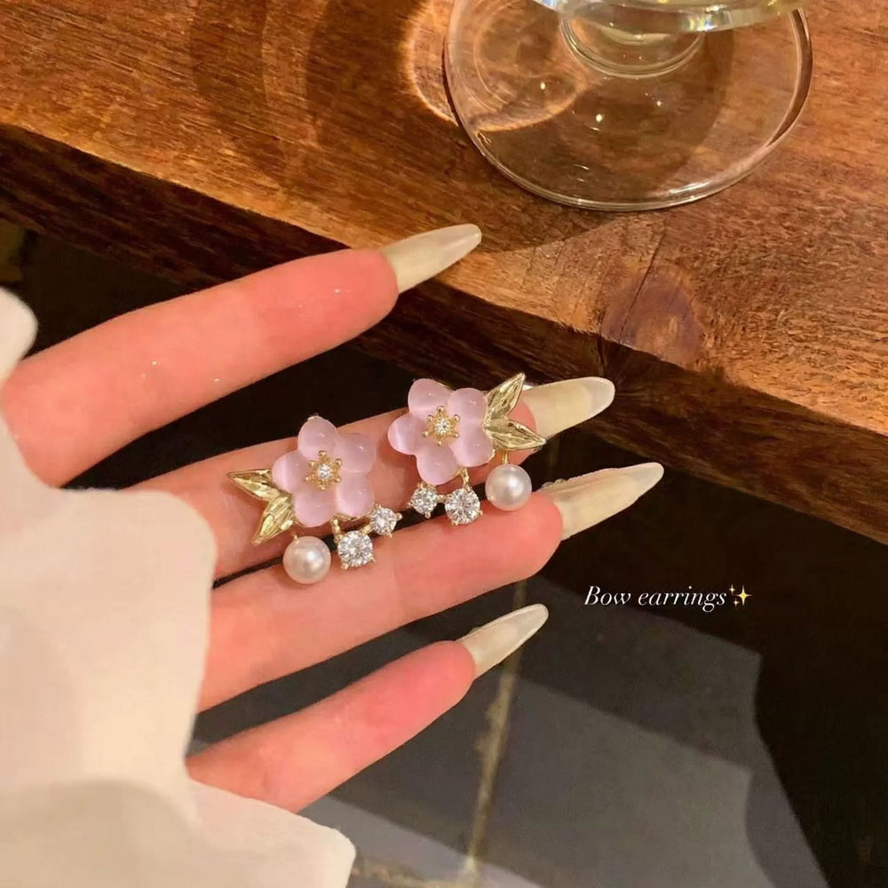 Sakura pink jelly flower sense of design small fresh pearl artsy daily earrings fairy fashionable popular earrings