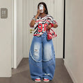 Fashionjeans women's high waist polished white ripped raw edge patchwork loose pants washed blue loosedrapedmoppants