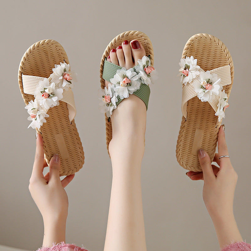 Fabric flower three-flower flip-flops women's summer outwearfashionabrasion resistantnon-slip cross-strap flats beach shoes women's sandals