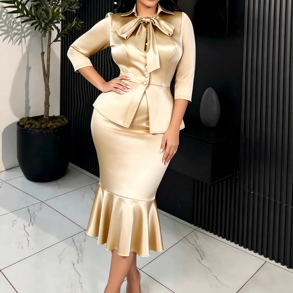 elegancesatin skirt suit bowsilm waist suit outwear mermaid hip covering two-piece set
