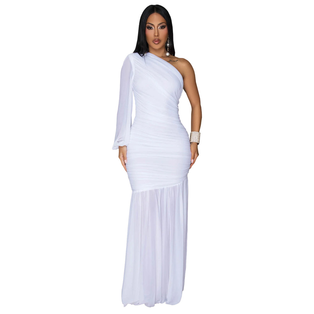 C7500 cross-border   fashion women's sexy one-shoulder mesh high-end dress - new