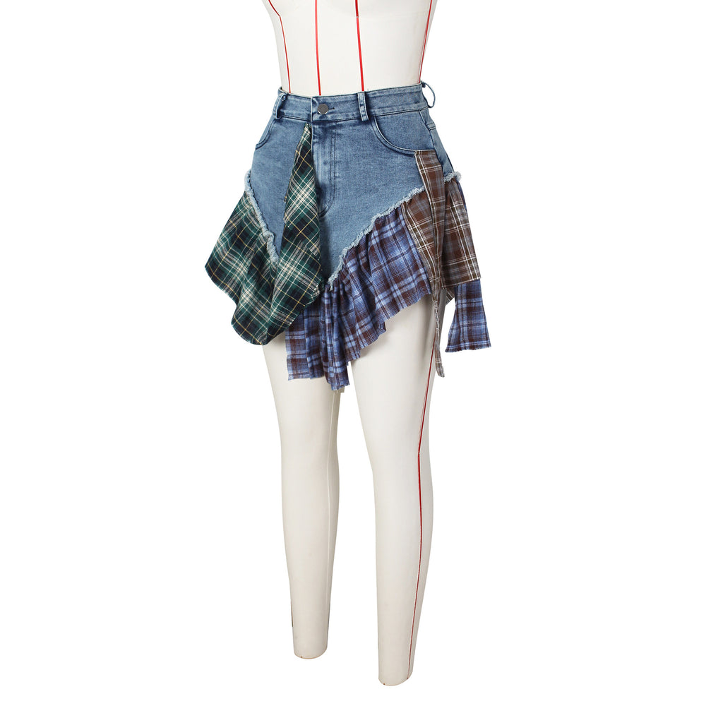 summer new arrivals: european and american style women's clothing - sexy irregular plaid patchwork denim mini skirt