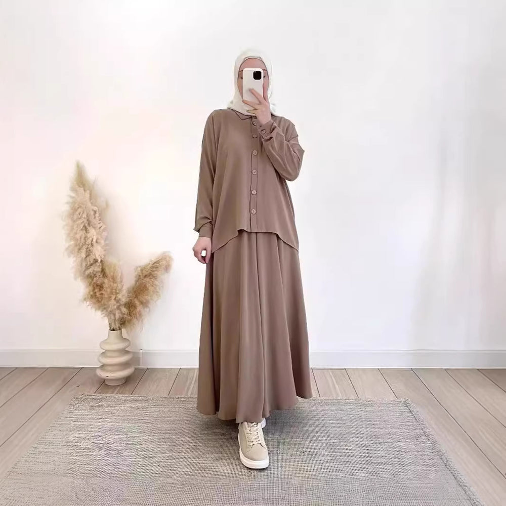spring cross-border women's clothing set: relaxed fit long sleeve shirt and midi skirt - comfortable commute style