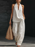 spring/summer hot seller: french chic halter v-neck open-back top & cool, comfortable, slimming wide-leg pant set