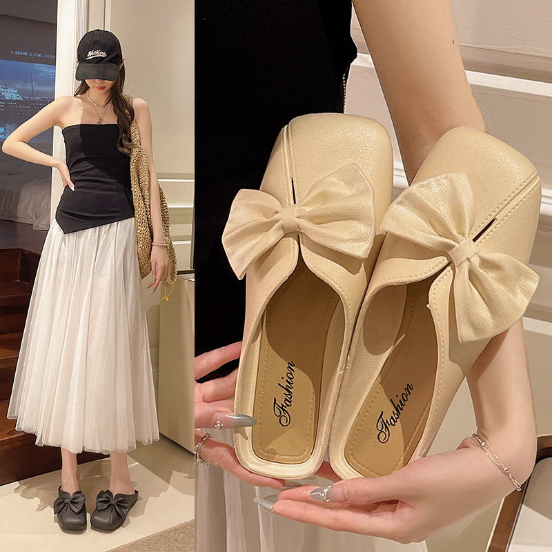 2025 new women's closed-toe slippers - summer outdoor wear, bow-embellished fashion sandals, trendy versatile flat half-slippers