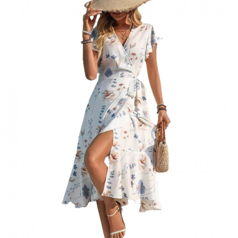 cross-border e-commerce  hot-selling european and american women's apparel: printed ruffle-trimmed short-sleeve elegant dress