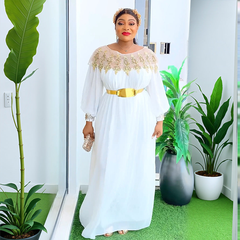European and american cross-border   plus size women's clothing african solid color maxi dress new style dress with belt