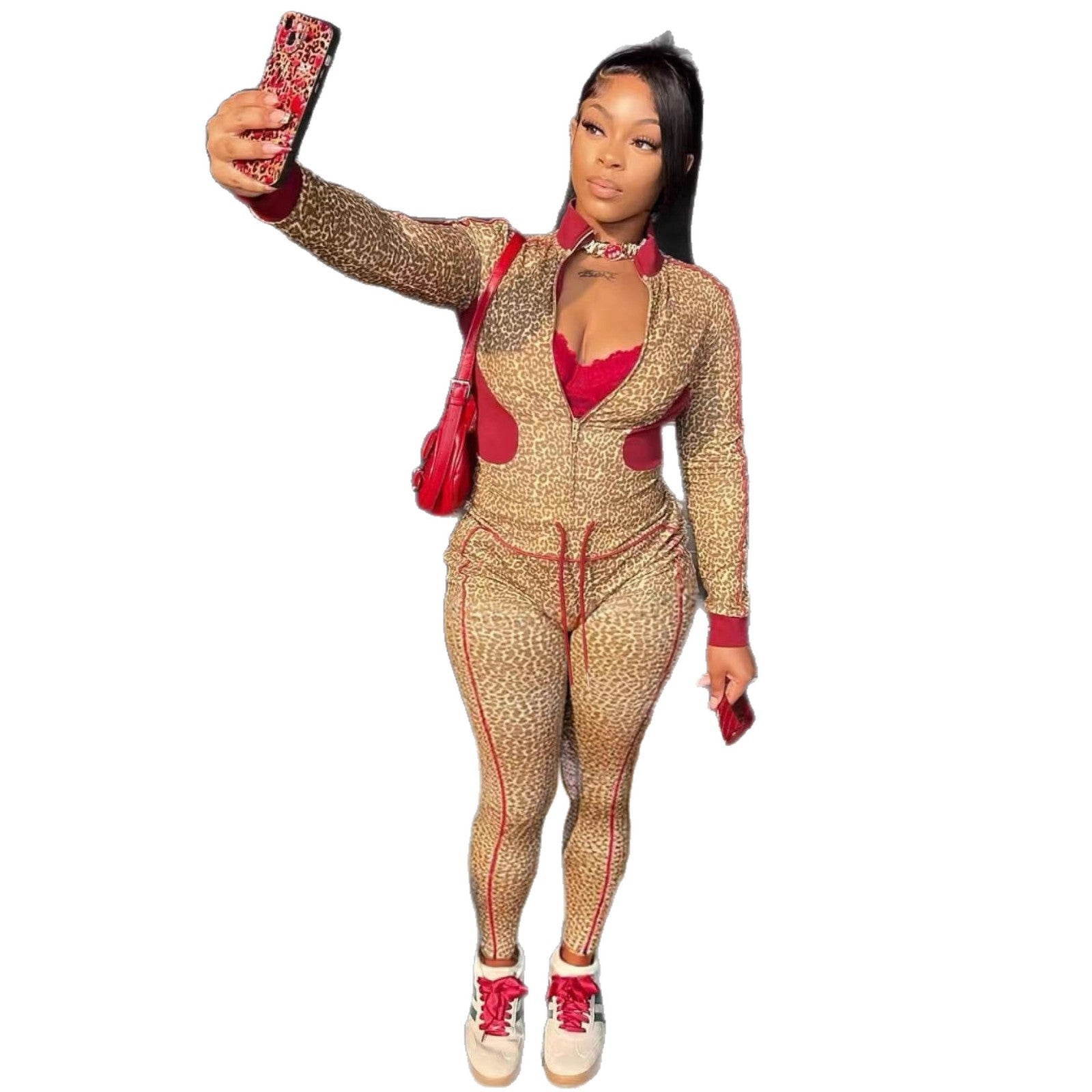 Europe and the United States  2025 new women's clothing leopard print contrasting color long-sleeved zipper cardigan drawstring trousers two-piece set