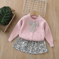 Girls' knitted sweater two-piece set: sequin bow cardigan and skirt outfit for little girls