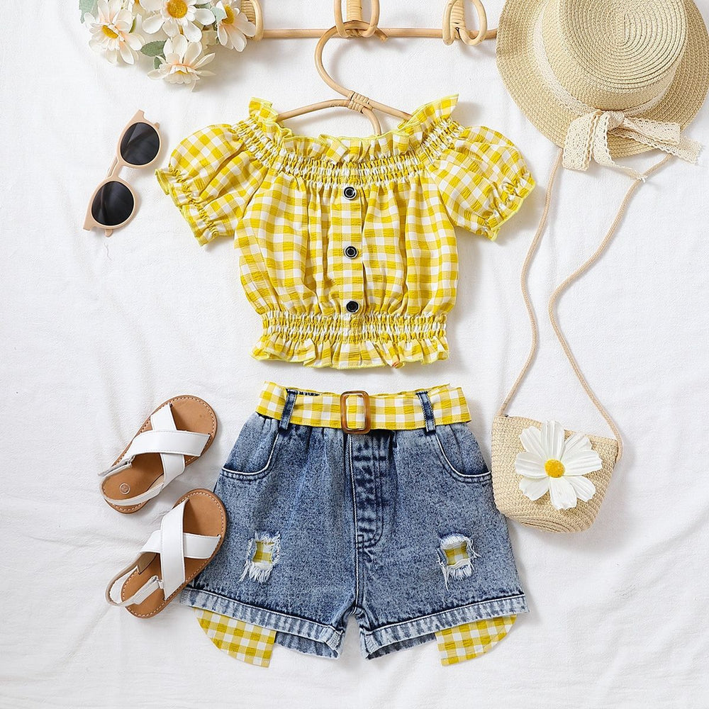 hot selling girl's one-piece collar plaid high elastic cuff washed hole denim shortgirlsuit