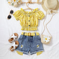 hot selling girl's one-piece collar plaid high elastic cuff washed hole denim shortgirlsuit