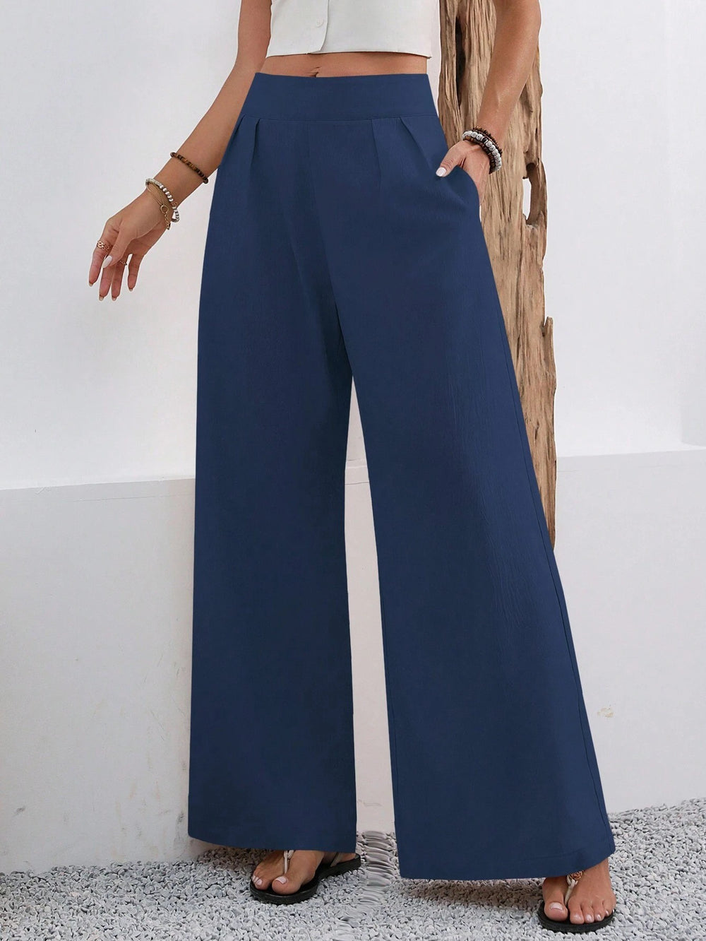 european and american cross-border  autumn new women's pocket high-waisted fashionable versatile wide-leg trousers commuting pants