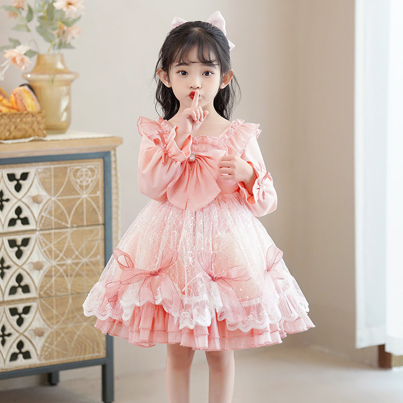 Lolita style girls' princess dress - new long sleeve satin bowknot mesh children's dress for little girls and babies