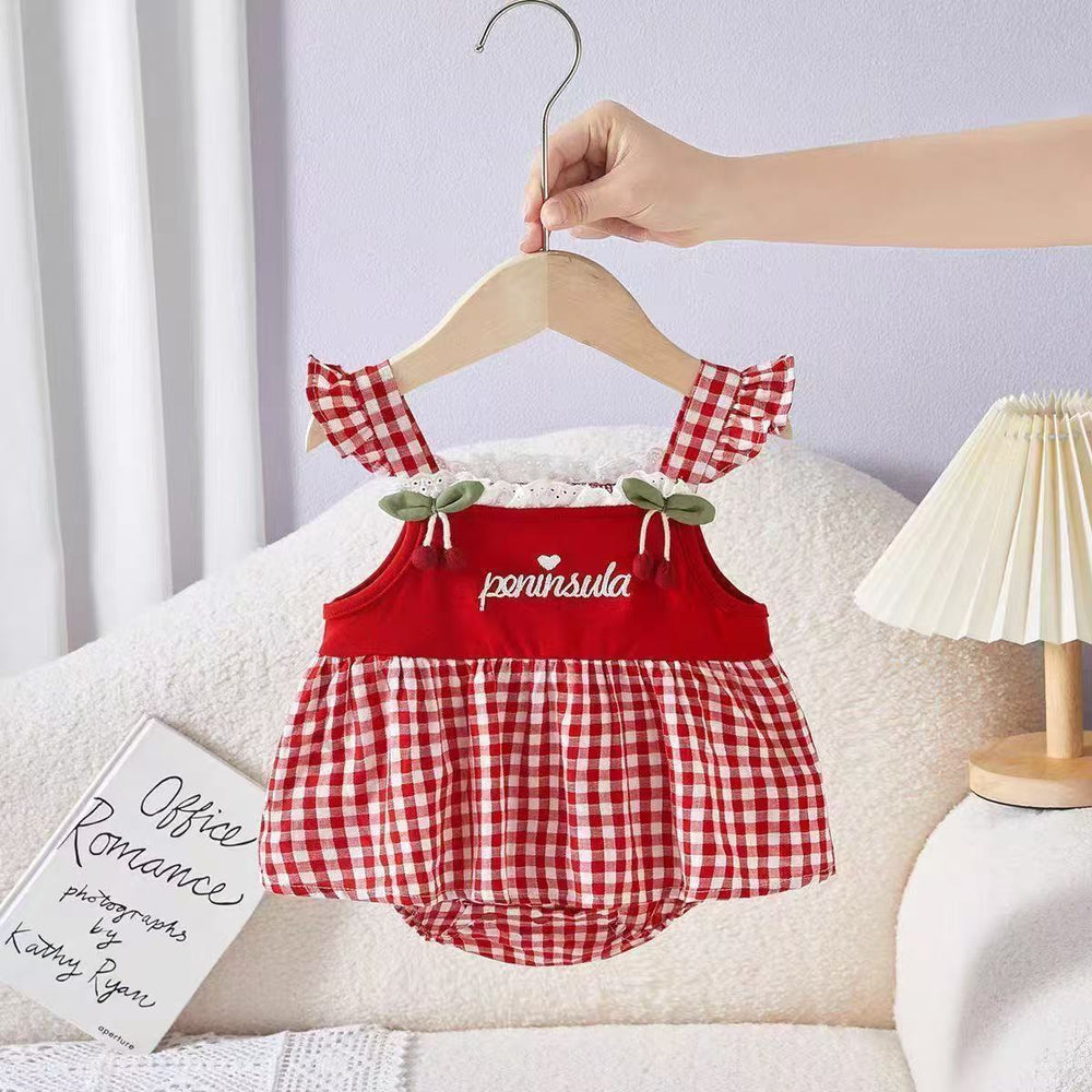 baby bodysuit summer new sweet cherry plaid romper baby girl suspender dress first birthday outfit trendy