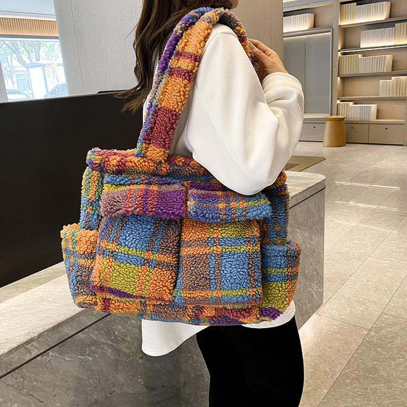 Contrasting color plaid bag women's 2025 autumn and winter new women's bag shoulder bag fashion trend large capacity women's commuter bag