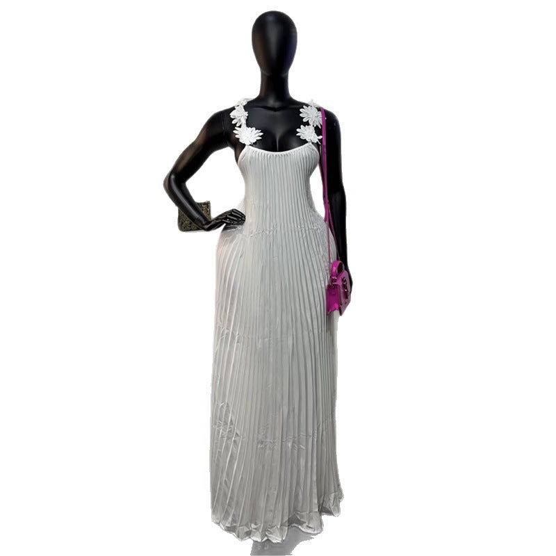 European and american cross-border women's fashion:  spring new arrival - elegant 3d floral shoulder strap solid color pleated backless cami dress