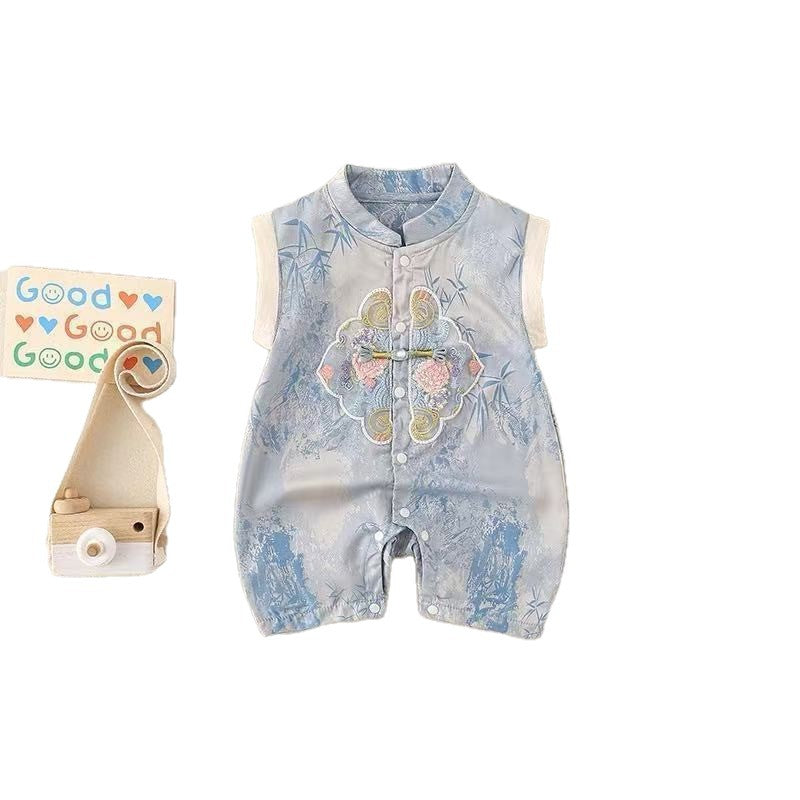 Summer 100-day first birthday sleeveless clothes, baby thin chinese style baby one-piece dress, climbing suit
