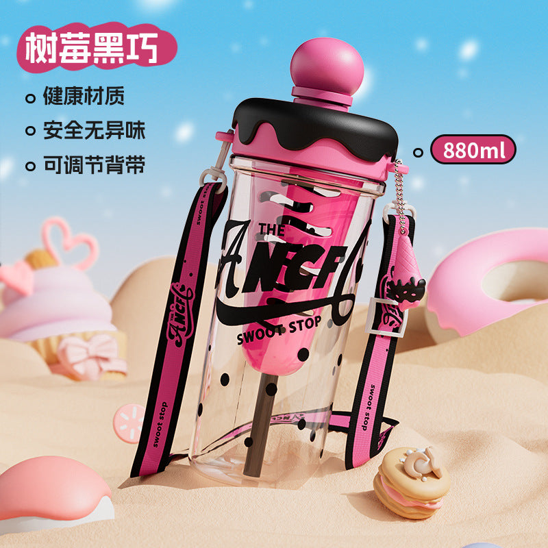 Ins style summer ice cream space water cup large capacity portable strap plastic cup tea water separation tea cup