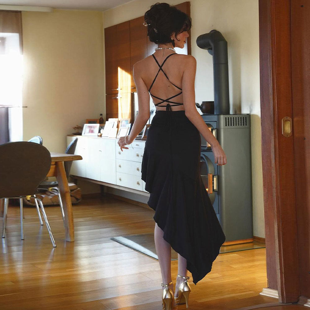 Shein Independent Station Cross-border Women's Sexy Pure Desire Dress Summer Black Dress High Temperament Suspender Dress